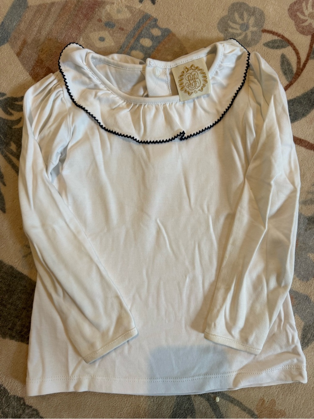 The Beaufort Bonnet Company White Long-Sleeve Ruffle Collar Top with Black Trim
